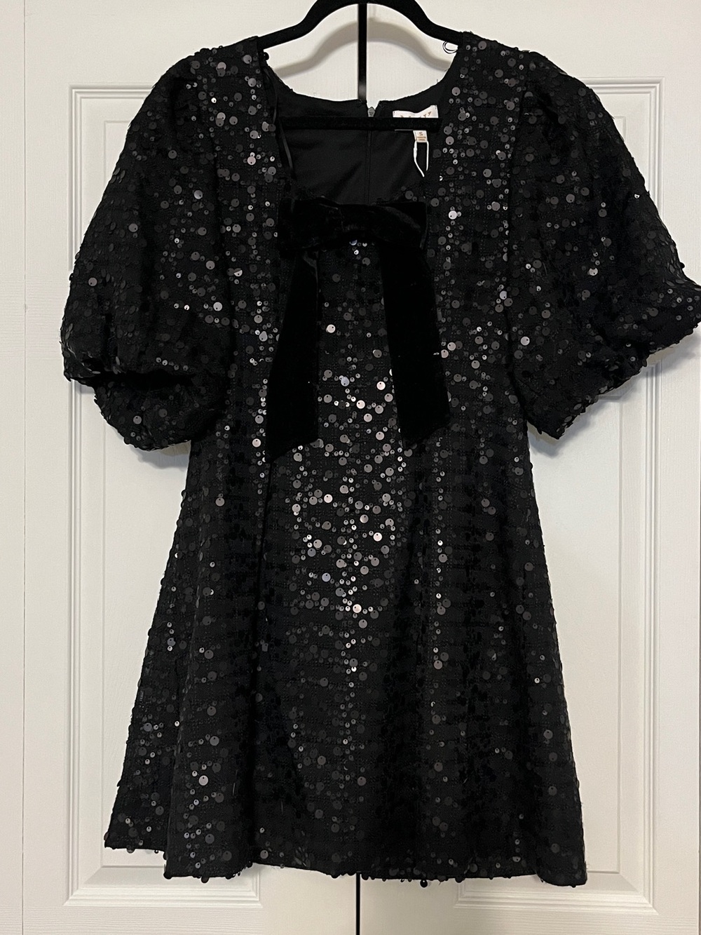 Black Sequined Puff Sleeve Mini Dress with Bow
